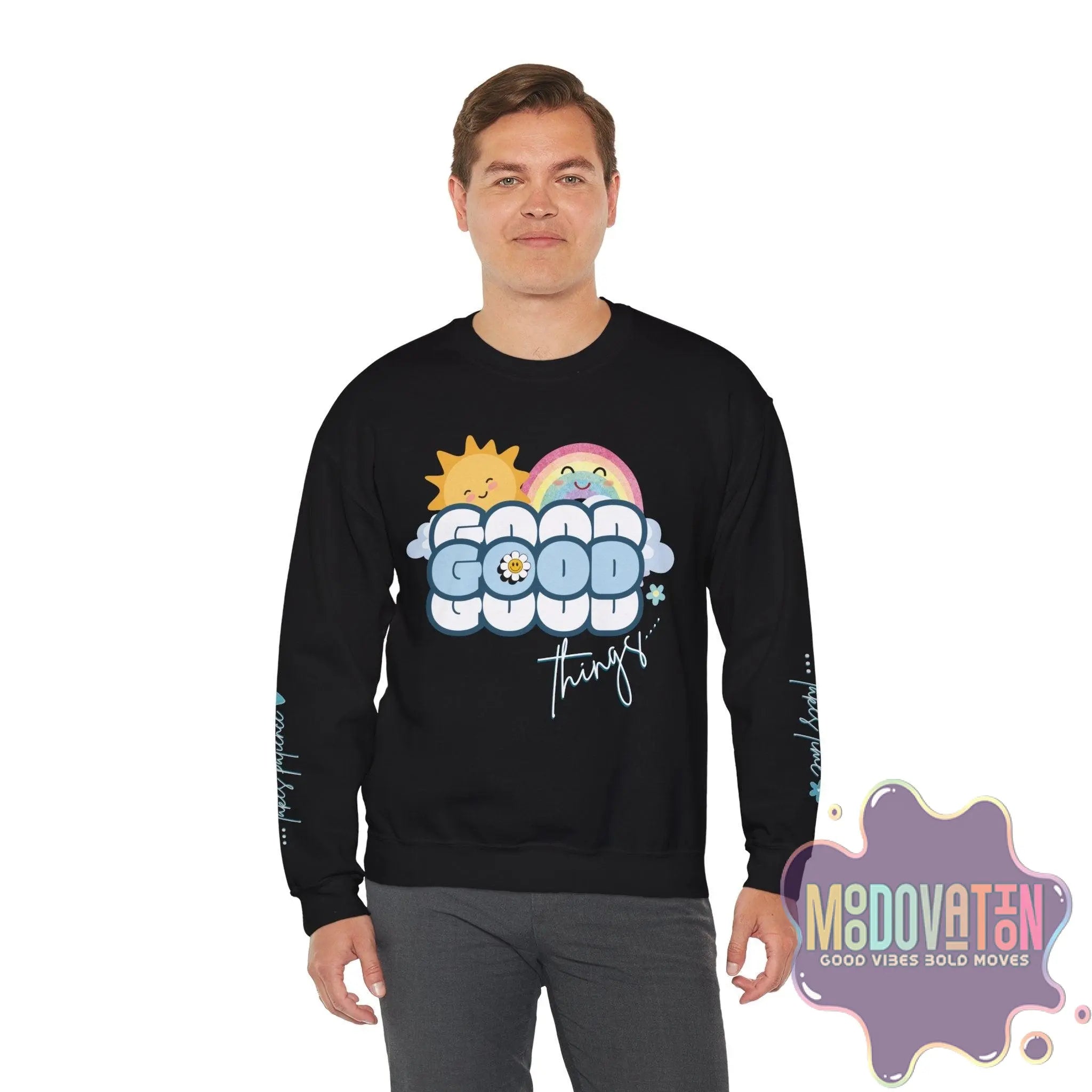 Good Things - Unisex Heavy Blend Crewneck Sweatshirt - Large Graphic Sleeve - MOODOVATION