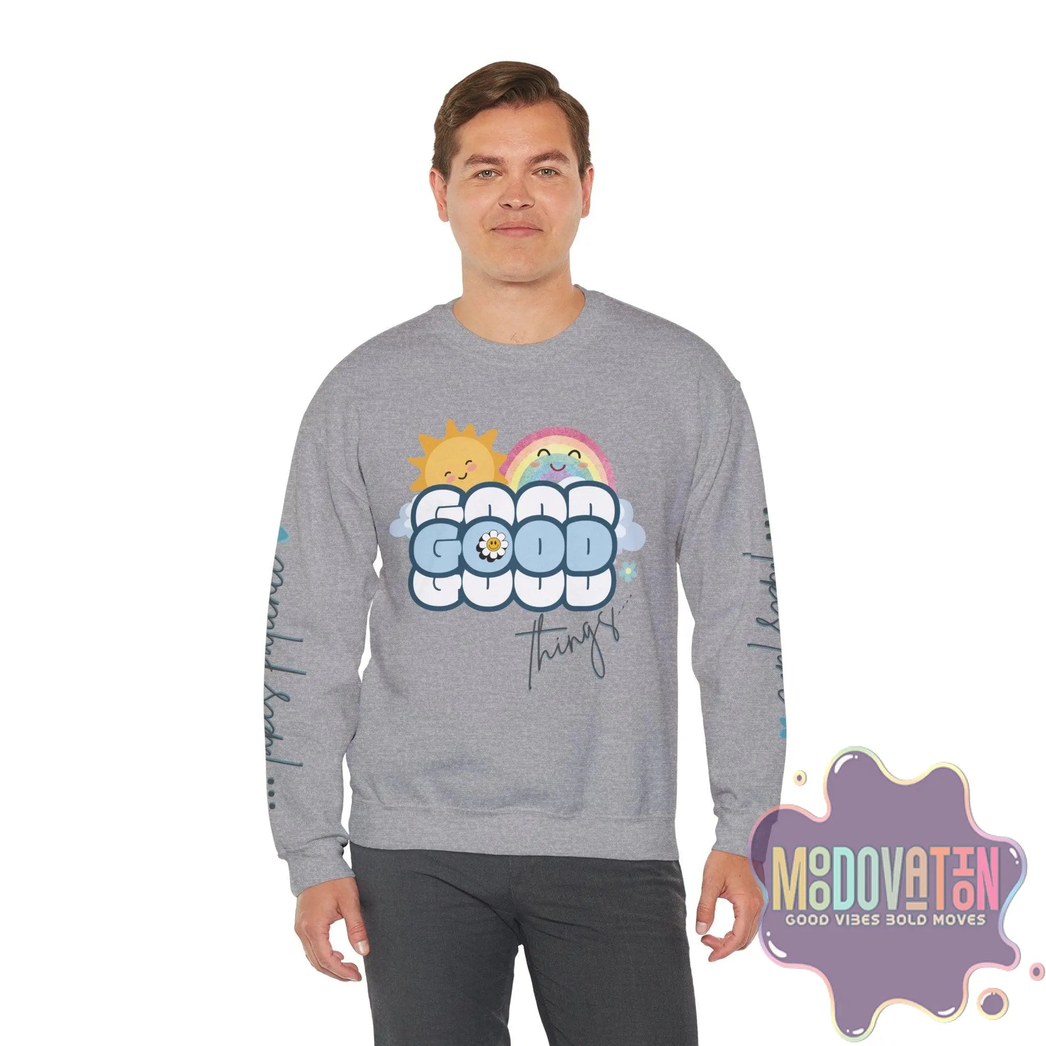 Good Things - Unisex Heavy Blend Crewneck Sweatshirt - Large Graphic Sleeve - MOODOVATION