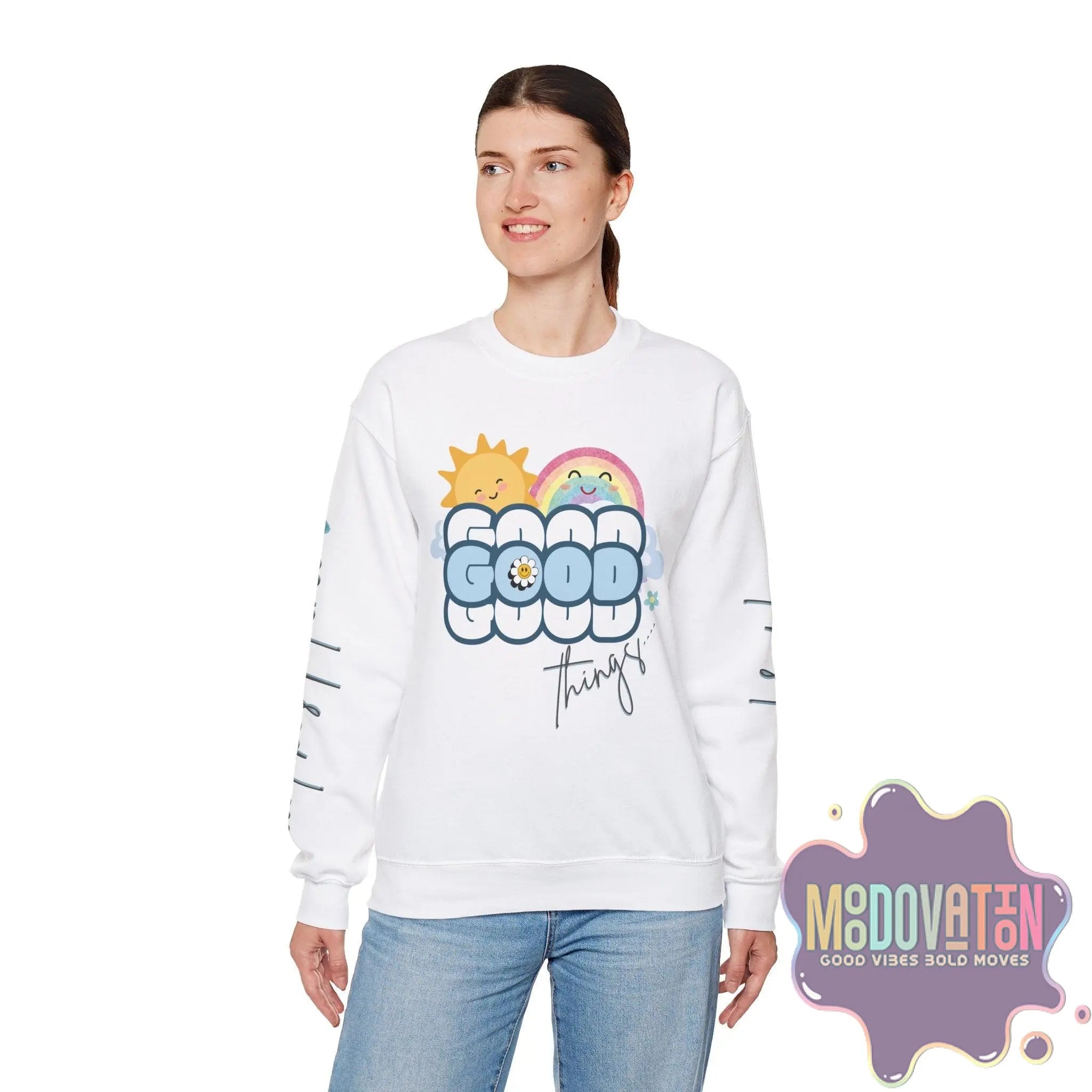 Good Things - Unisex Heavy Blend Crewneck Sweatshirt - Large Graphic Sleeve - MOODOVATION