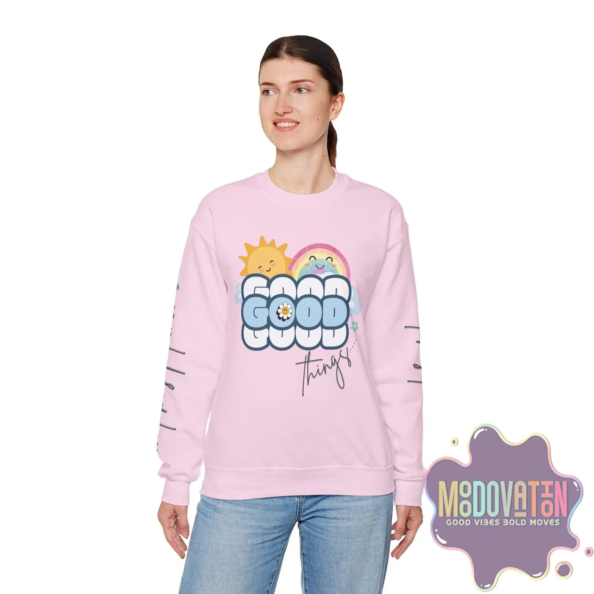 Good Things - Unisex Heavy Blend Crewneck Sweatshirt - Large Graphic Sleeve - MOODOVATION