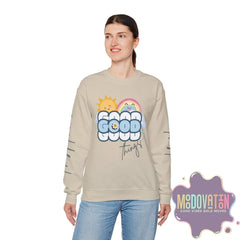 Good Things - Unisex Heavy Blend Crewneck Sweatshirt - Large Graphic Sleeve - MOODOVATION