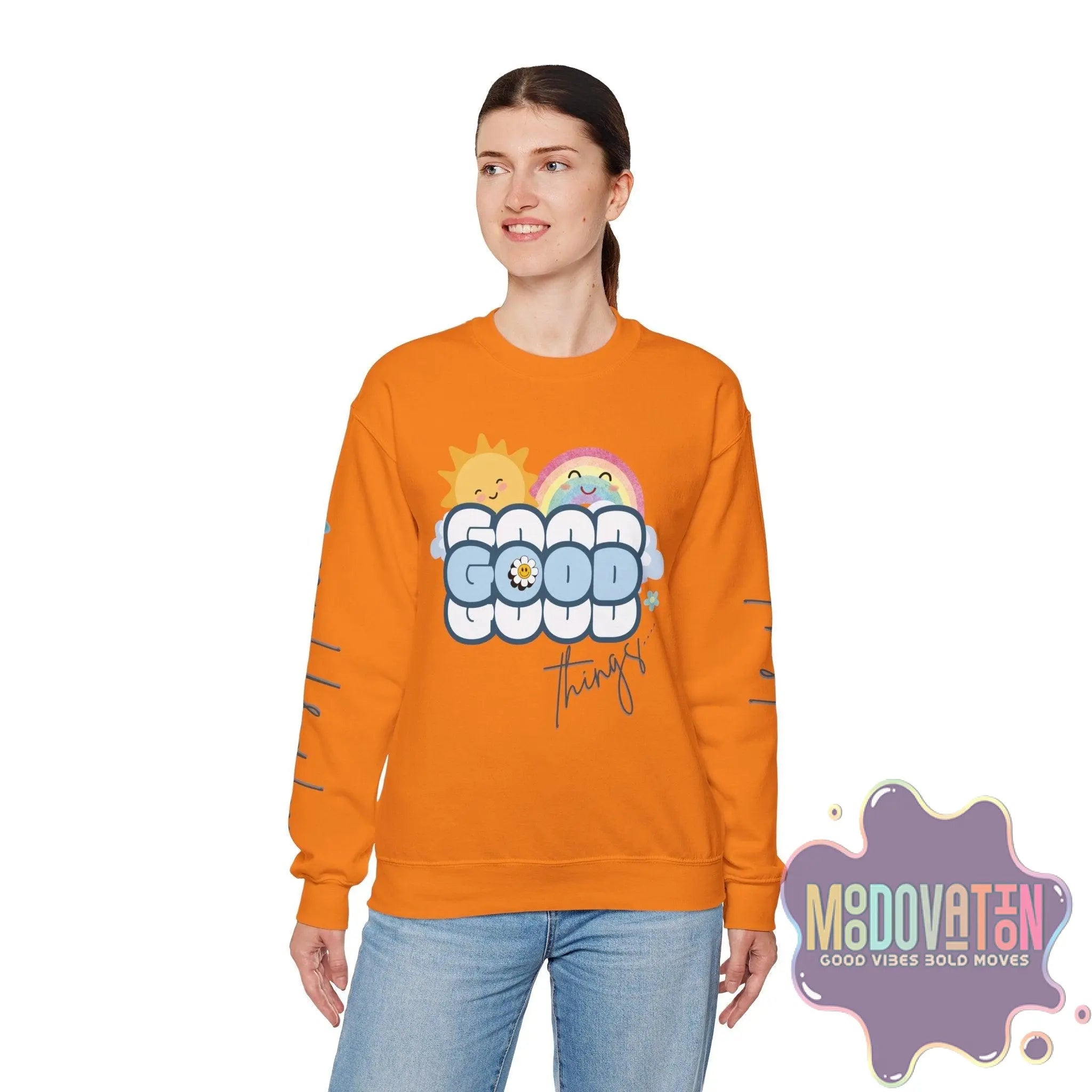 Good Things - Unisex Heavy Blend Crewneck Sweatshirt - Large Graphic Sleeve - MOODOVATION