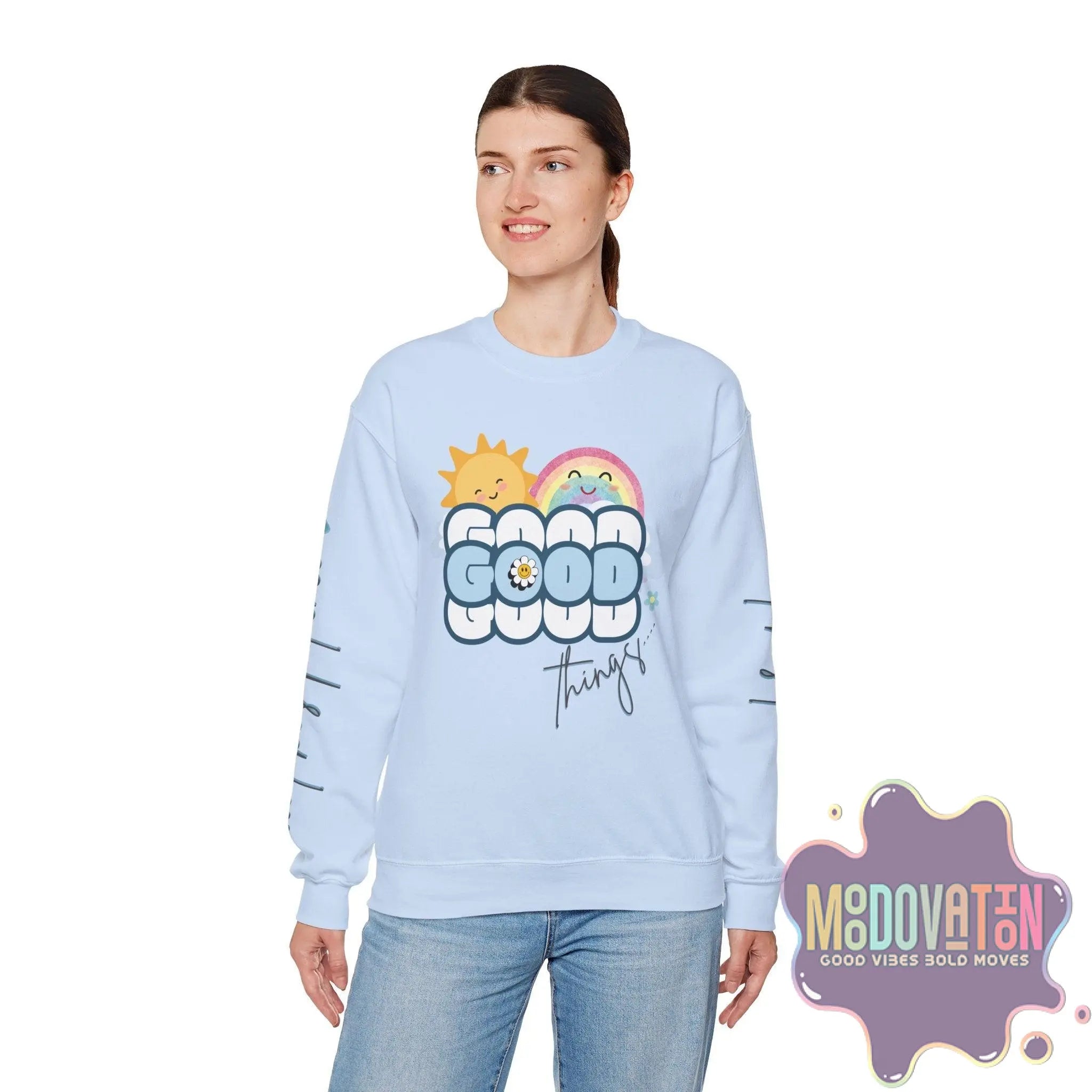 Good Things - Unisex Heavy Blend Crewneck Sweatshirt - Large Graphic Sleeve - MOODOVATION