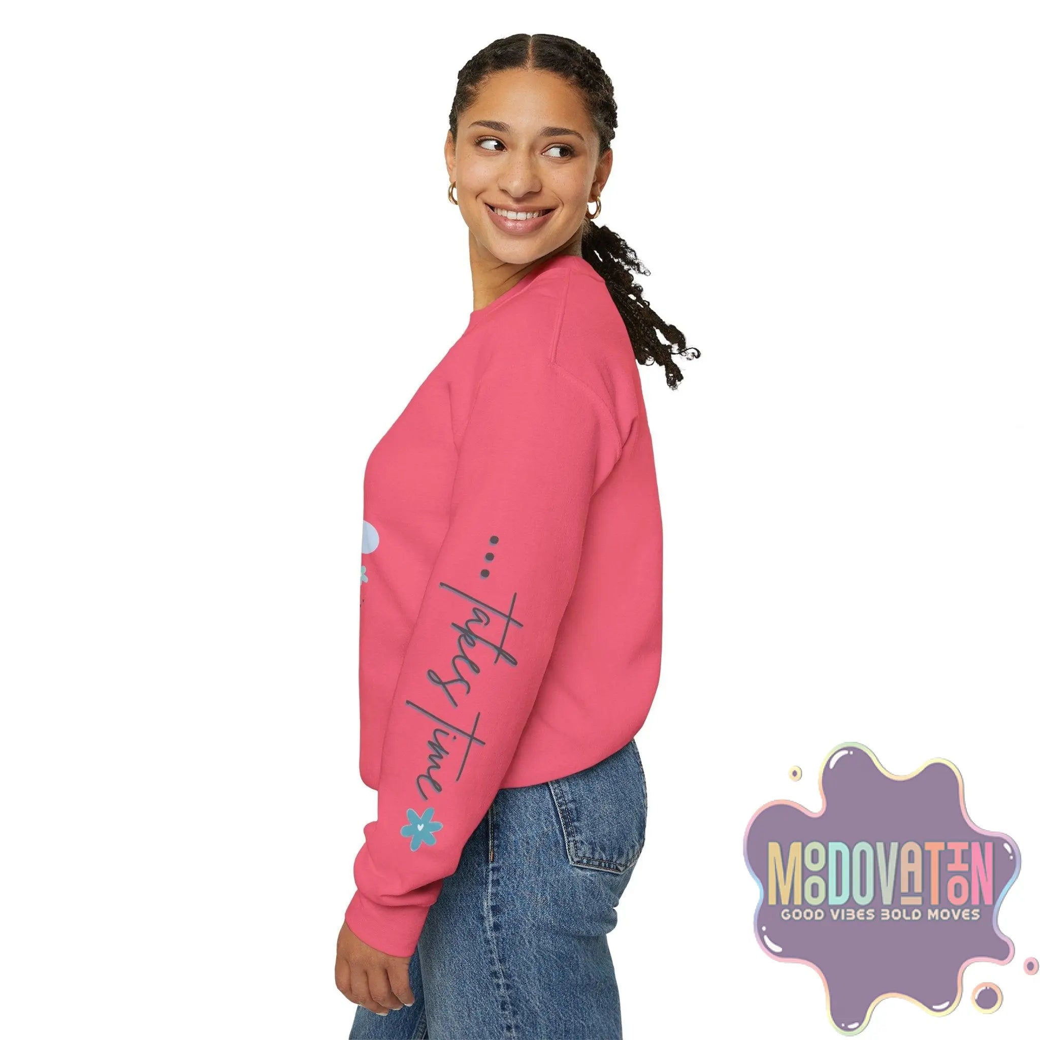 Good Things - Unisex Heavy Blend Crewneck Sweatshirt - Large Graphic Sleeve - MOODOVATION