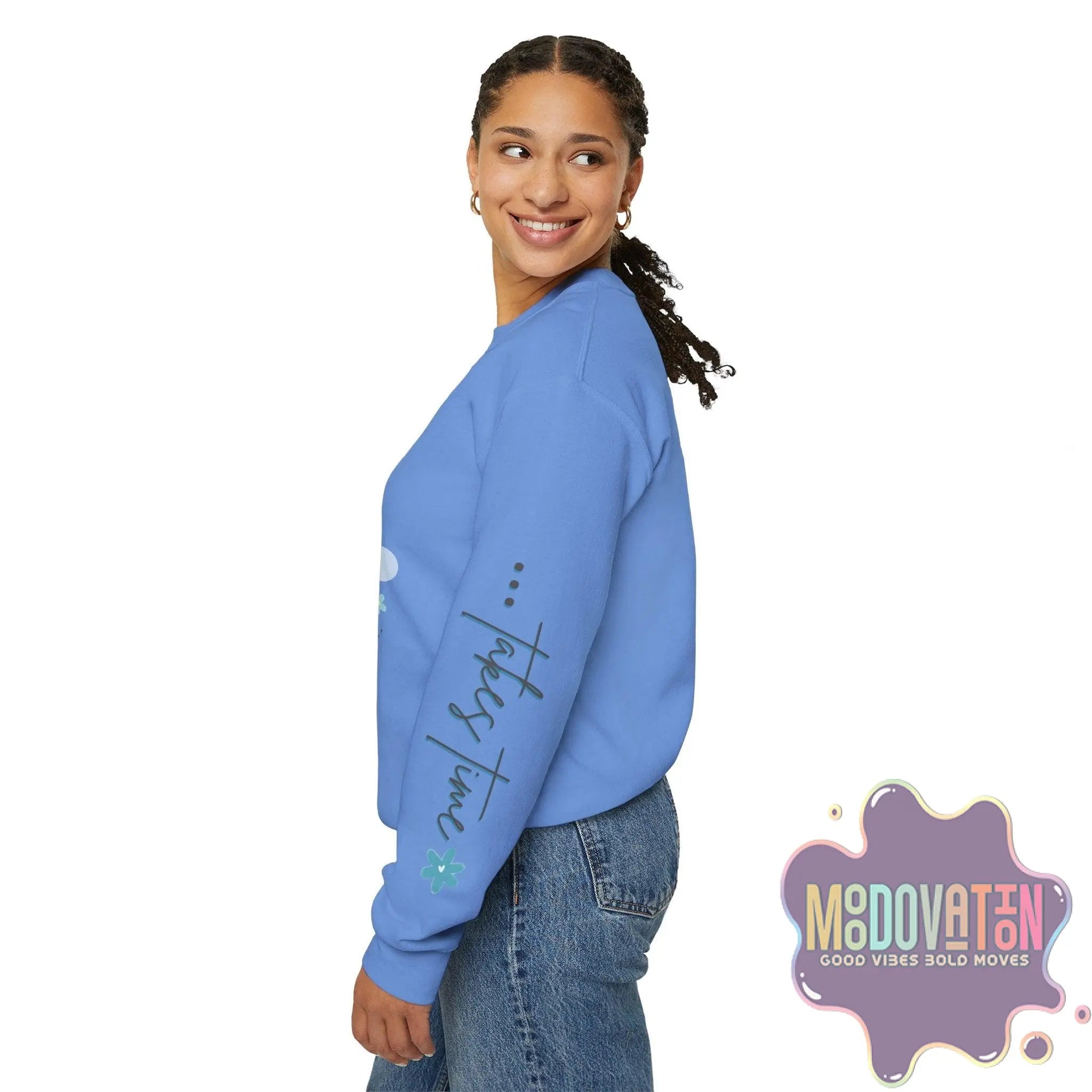 Good Things - Unisex Heavy Blend Crewneck Sweatshirt - Large Graphic Sleeve - MOODOVATION